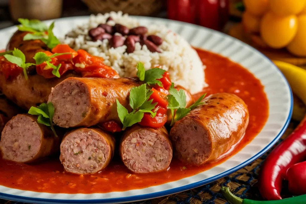 Rougail saucisse créole authentique, servi avec riz, haricots rouges et sauce tomate épicée. Recette traditionnelle de SavoryGlobe.