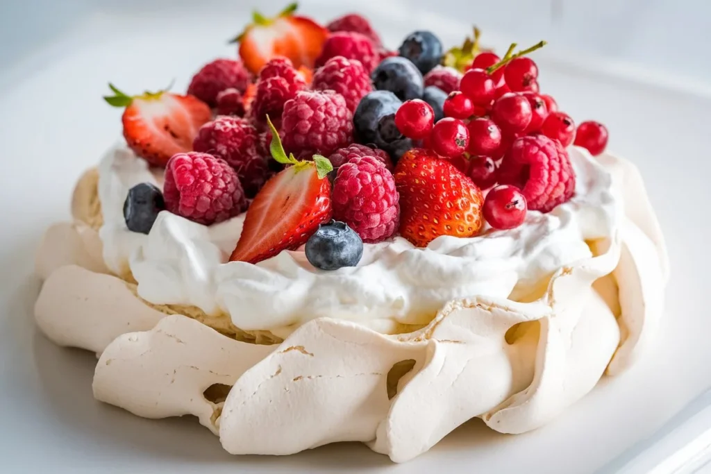 : Pavlova aux fruits rouges frais, meringue croustillante et crème légère. Recette facile et délicieuse de SavoryGlobe.