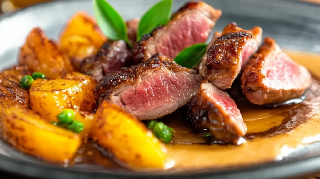 Magret de canard tranché servi avec des fruits et une sauce, garni de feuilles vertes.