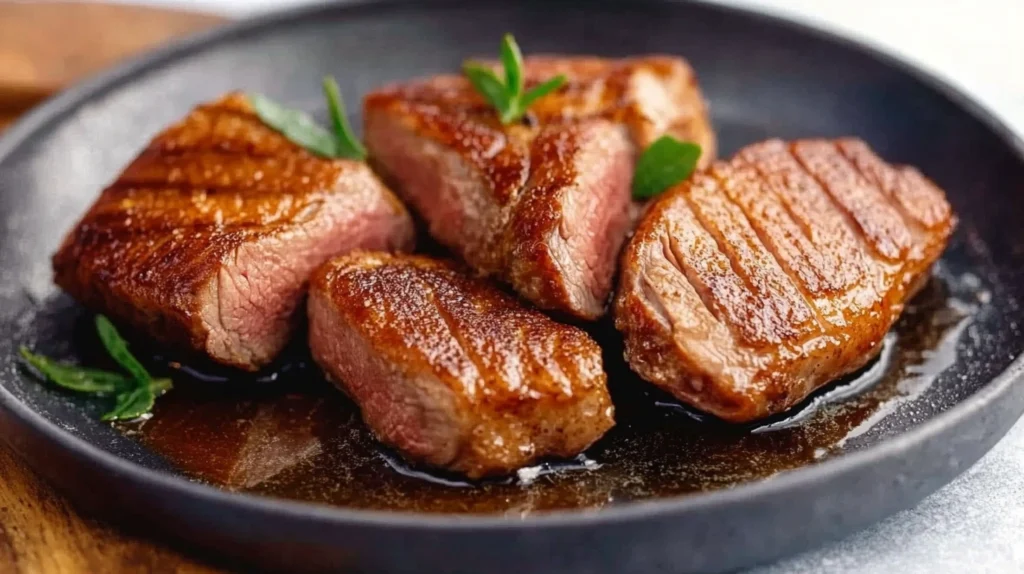 Magret de canard cuit à la poêle, tranché et servi dans une assiette noire avec des feuilles vertes. Recette facile et savoureuse par SavoryGlobe.