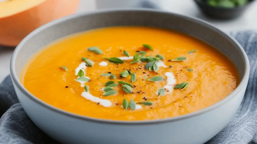 Soupe de potimarron crémeuse préparée au Thermomix, garnie de graines de courge et d'une touche de crème.