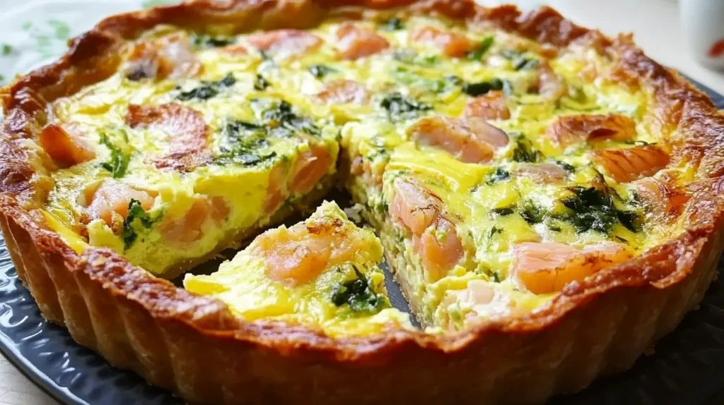 Quiche au thon sans pâte dans un plat à tarte, avec une garniture de légumes et d'herbes. Une part est coupée, révélant une texture riche et savoureuse.