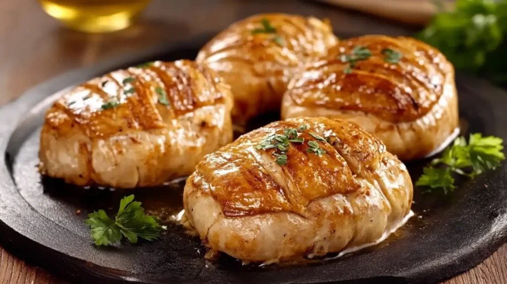 Paupiettes de veau cuisinées au four, présentées sur une assiette foncée, avec une garniture d'herbes aromatiques.