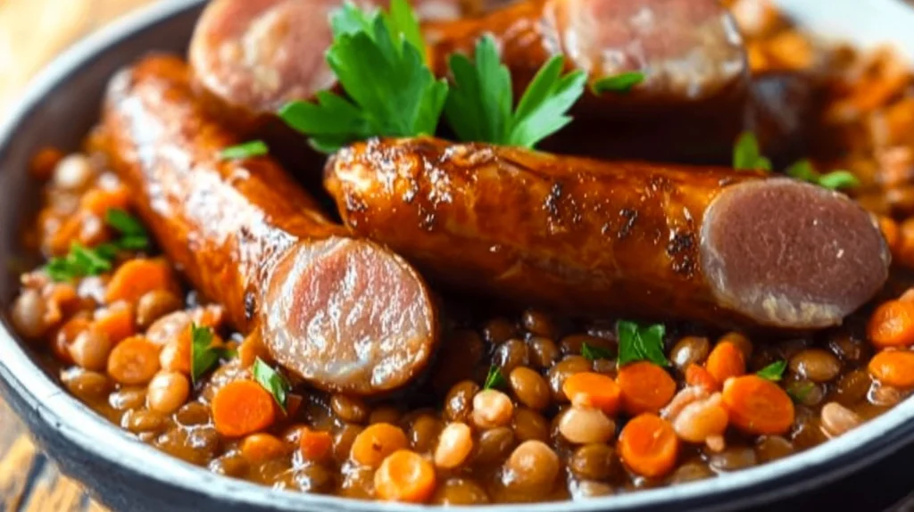 Un plat de saucisse lentille, avec des saucisses bien grillées et des lentilles tendres et savoureuses.