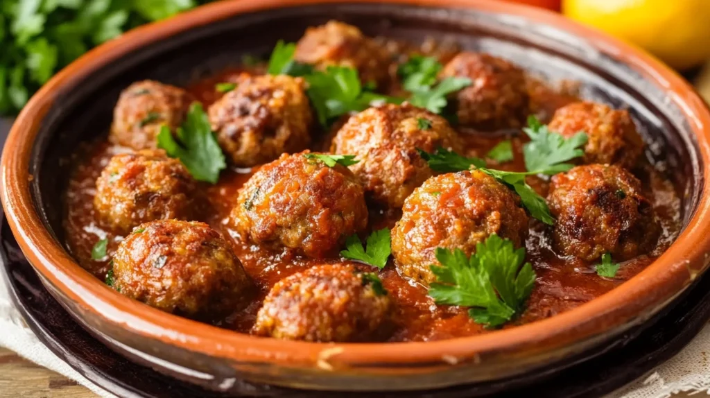 Tajine de kefta avec boulettes de viande dans une sauce tomate épicée, garni de coriandre fraîche. Recette marocaine authentique de SavoryGlobe.