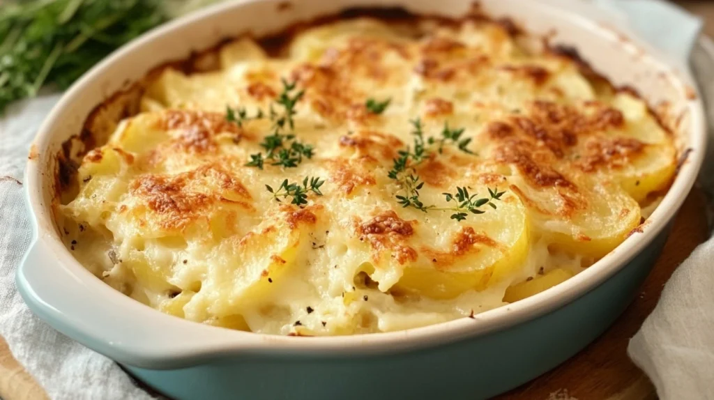 gratin de chou fleur et pommes de terre, cuit au four, avec une croûte dorée et croustillante.