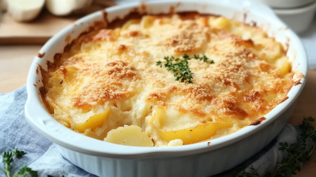 Un délicieux gratin de chou-fleur et pommes de terre, doré et crémeux, servi dans un plat à gratin blanc, garni de thym frais, sur une nappe bleu et blanc, prêt à être dégusté.