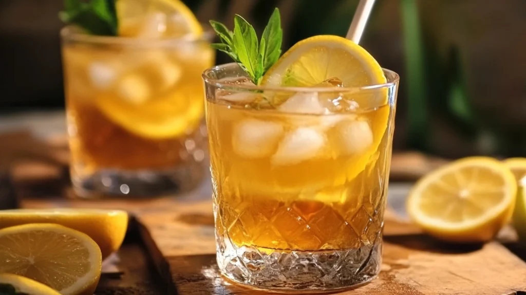 Grog Recette chaud au rhum avec citron et cannelle, servi dans un verre transparent sur une table rustique.