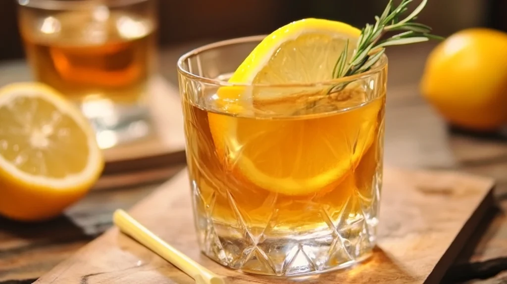 Un délicieux grog au rhum fumant dans une tasse, préparé avec du rhum, du citron, du miel et des épices, idéal pour se réchauffer ou soulager un mal de gorge, sur une table en bois.