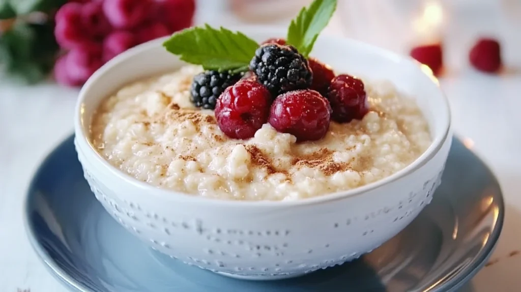 Bol de porridge healthy à l'avoine, garni de fruits frais, de graines et de noix, prêt pour un petit-déjeuner rapide et nutritif.