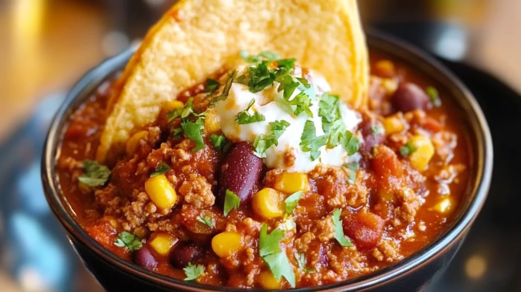 Chili con carne traditionnel mexicain, recette authentique avec haricots rouges, maïs et épices, SavoryGlobe