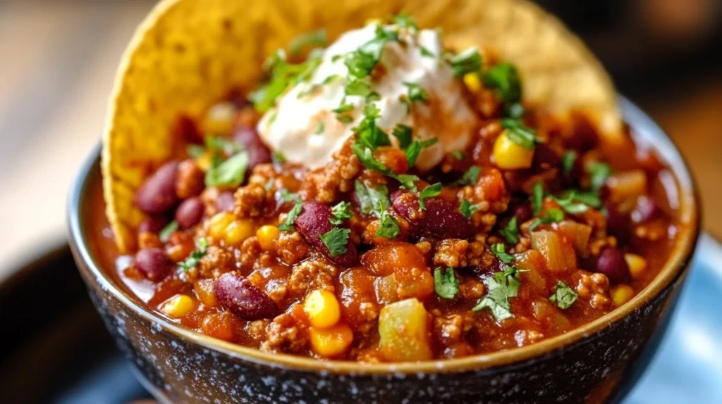 Chili con carne traditionnel mexicain servi dans un bol, garni de crème fraîche et de coriandre.