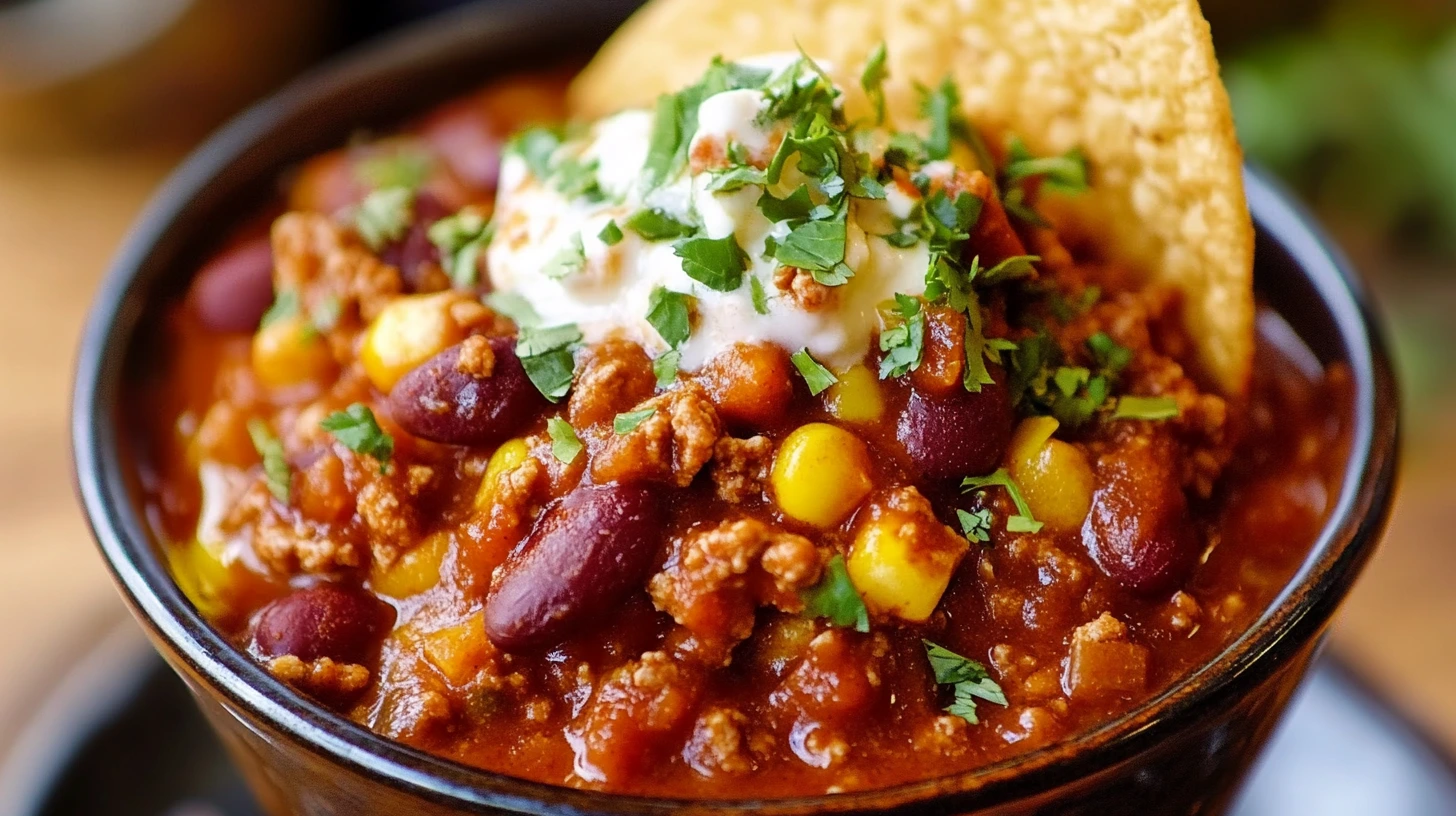 Bol de chili con carne traditionnel mexicain, garni de haricots rouges, de viande hachée, de poivrons et d'épices, servi avec du riz pour un repas savoureux et réconfortant.