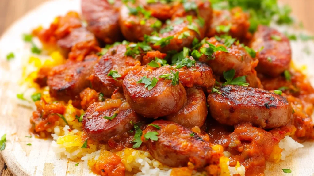 Rougail saucisse créole authentique, servi sur un lit de riz parfumé, garni de persil frais.