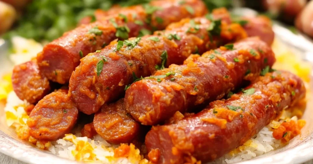 Rougail saucisse créole traditionnel, avec saucisses fumées, tomates, oignons et épices, servi sur riz blanc. SavoryGlobe.