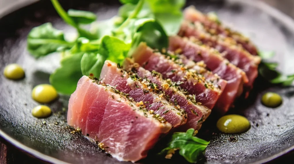 Tataki de thon rouge, tranches de thon légèrement saisies, marinées et accompagnées de sésame, de gingembre et d'une sauce soja, pour un plat japonais raffiné et savoureux.