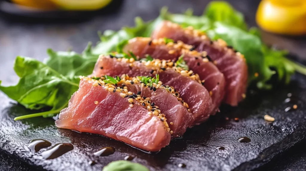 Tranches de tataki de thon rouge marinées, parsemées de graines de sésame et posées sur un lit de verdure.