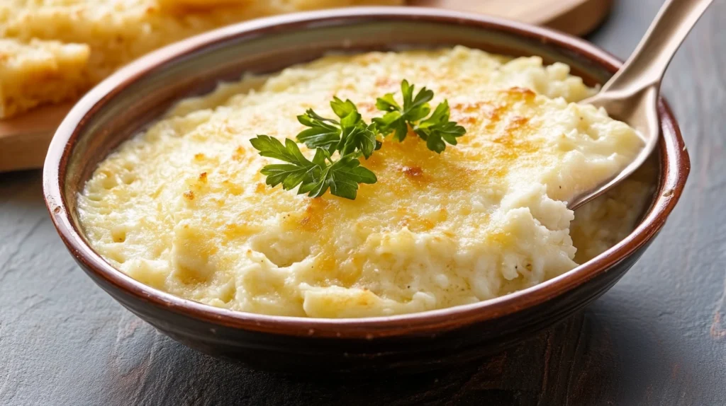 Brandade de morue portugaise gratinée dans un bol en céramique, garnie de persil frais.