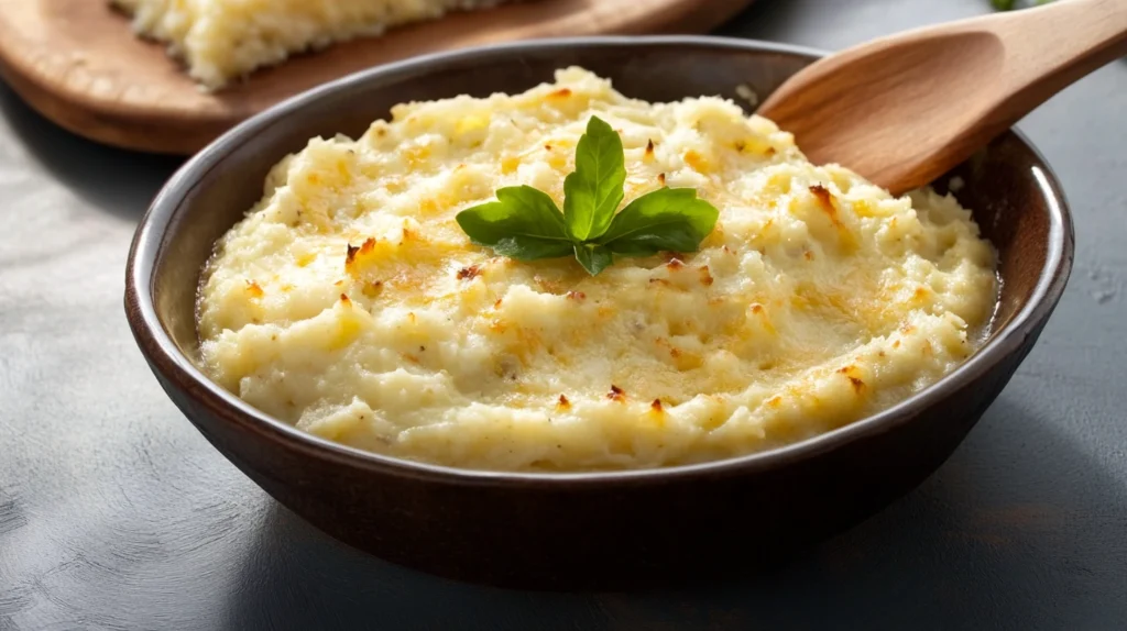 Brandade de morue traditionnelle portugaise, un plat crémeux à base de morue, pommes de terre et huile d'olive, servi avec des croûtons et des herbes fraîches.