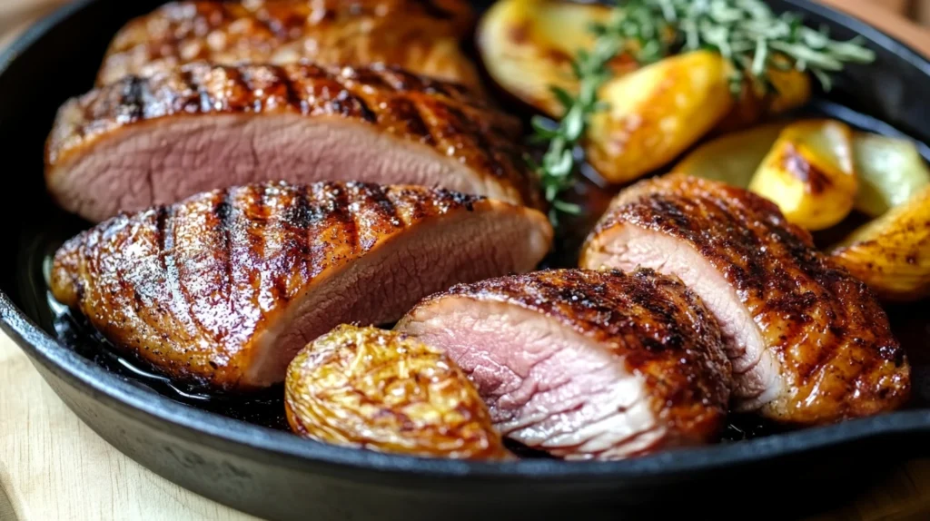 Magret de canard cuit au four, doré et croustillant, accompagné d'une sauce gourmande et de légumes rôtis, pour un plat raffiné et savoureux.