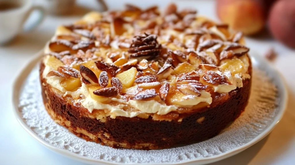 Gâteau moelleux aux pommes et amandes, garni de tranches de pommes caramélisées et saupoudré d'amandes effilées, parfait pour un dessert léger et gourmand.