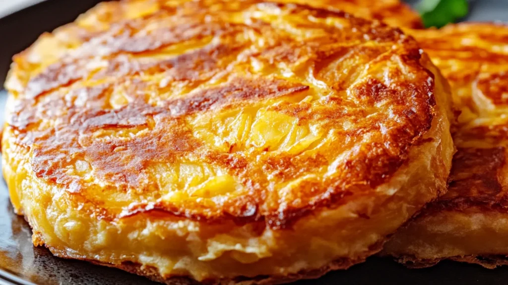 Galette de pomme de terre croustillante et dorée, garnie de courgettes râpées, prête à être servie avec une salade ou une sauce maison.