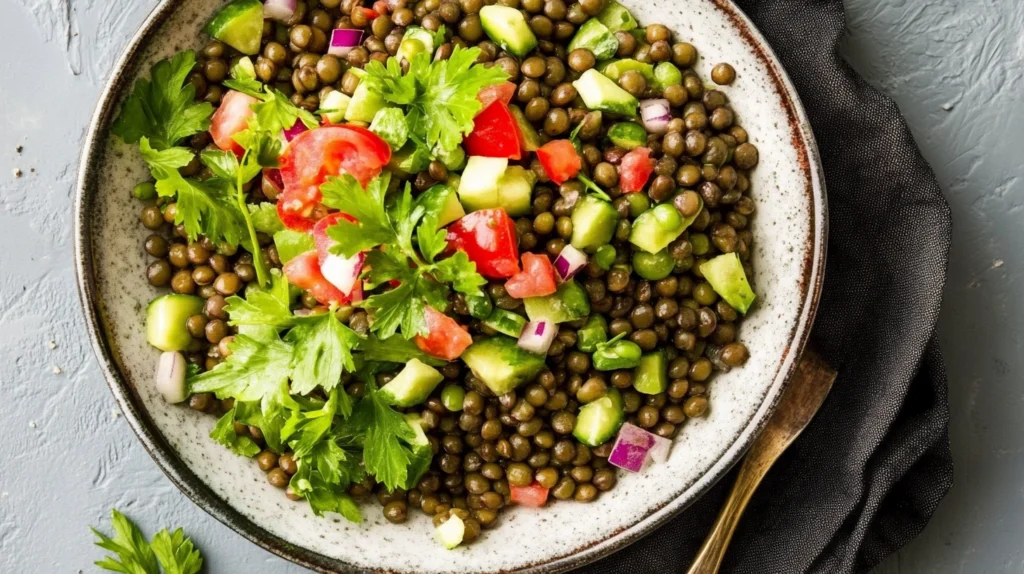 Salade de lentilles vertes fraîche et colorée, avec légumes croquants et herbes aromatiques, pour une recette simple et saine.