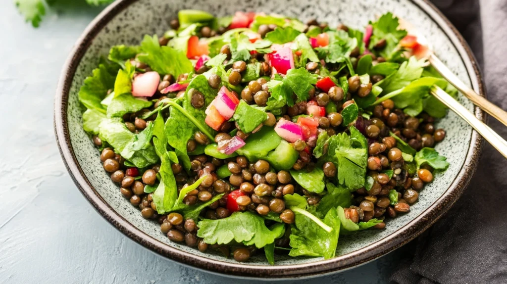 Deux bols de salade de lentilles : l'une avec des lentilles corail et l'autre avec des lentilles vertes, accompagnées de légumes frais et d'une vinaigrette légère.