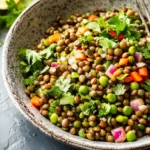 Salade de lentilles vertes avec légumes frais (carottes, pois, oignons rouges) et herbes (coriandre), servie dans un bol rustique.