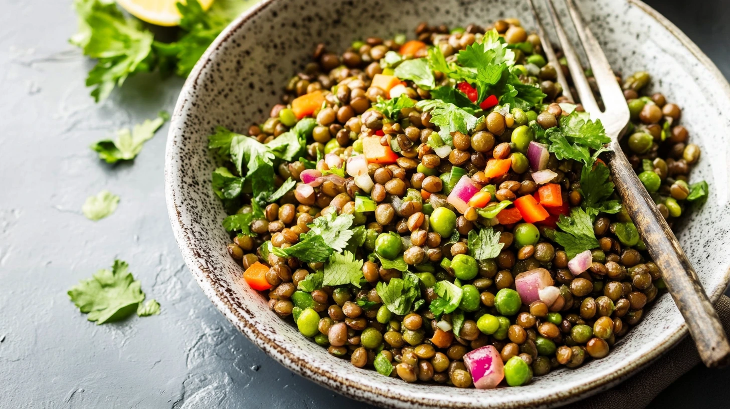 Salade de lentilles vertes avec légumes frais (carottes, pois, oignons rouges) et herbes (coriandre), servie dans un bol rustique.