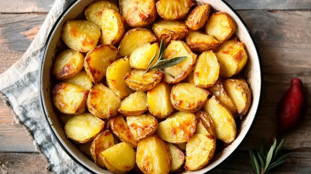 Pommes de terre grenailles rôties au four, dorées et croustillantes, avec une branche de romarin frais.