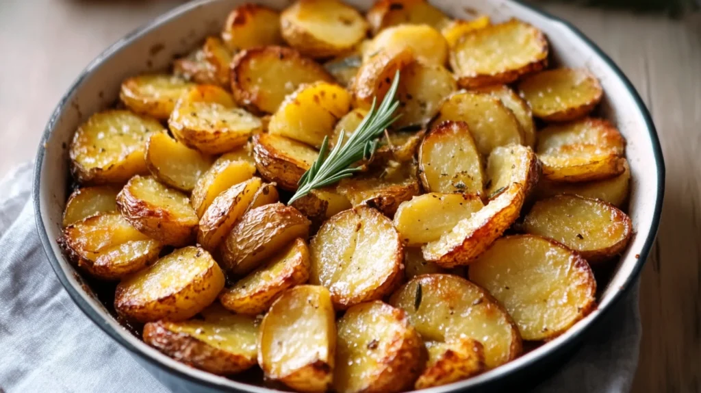 Pommes de terre au four dorées et croustillantes, parsemées de romarin et de sel, prêtes à être dégustées comme accompagnement ou plat principal.