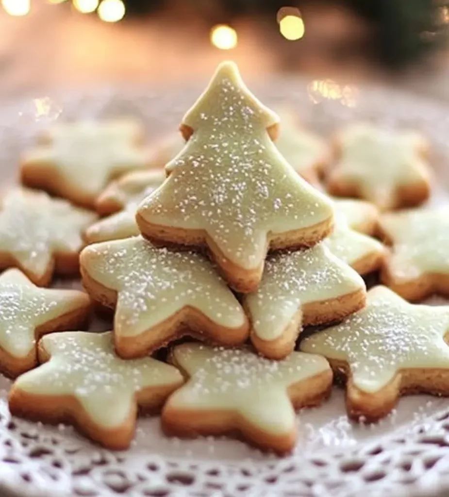Sablés de Noël décorés, avec des formes festives comme des étoiles, des sapins et des bonhommes de neige, prêts à être dégustés pour les fêtes.