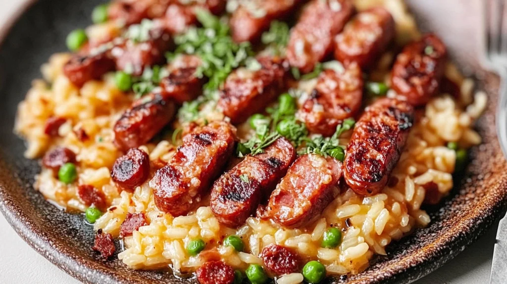 Risotto crémeux au chorizo préparé avec un Cookeo, garni de chorizo épicé, de parmesan et de persil frais, pour un plat réconfortant et savoureux.