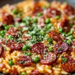 Risotto chorizo crémeux dans un bol sombre, Cookeo, riz arborio, chorizo tranché, petits pois, parmesan, persil frais, SavoryGlobe.