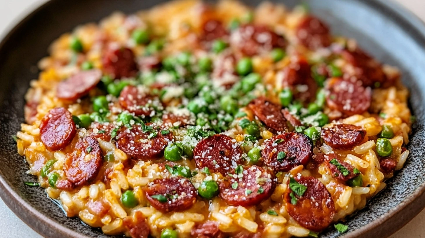 Risotto chorizo crémeux dans un bol sombre, Cookeo, riz arborio, chorizo tranché, petits pois, parmesan, persil frais, SavoryGlobe.