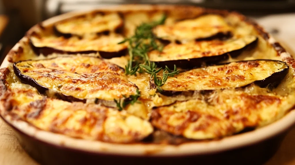 Moussaka crémeuse avec des tranches d'aubergine dorées, cuites au four, garnie de romarin frais.