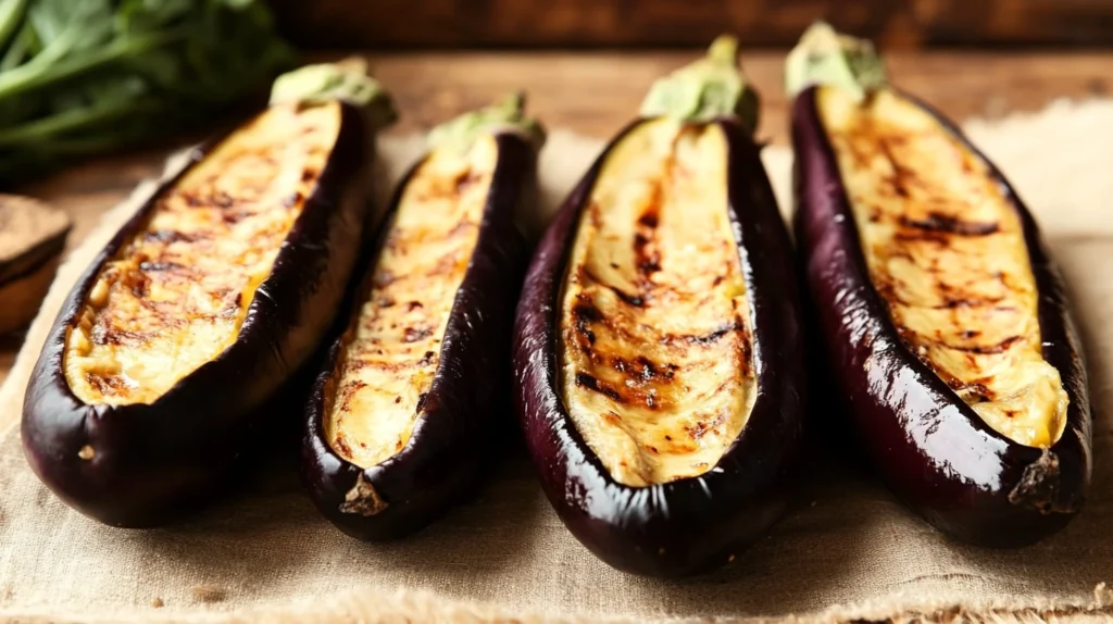 Aubergines cuites au four, dorées et fondantes, garnies d'herbes aromatiques et d'un filet d'huile d'olive, pour un accompagnement healthy et savoureux.