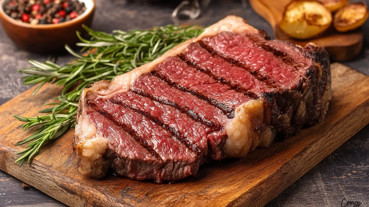 Côte de bœuf grillée au four, saignante et juteuse, sur une planche à découper en bois, garnie de romarin frais.