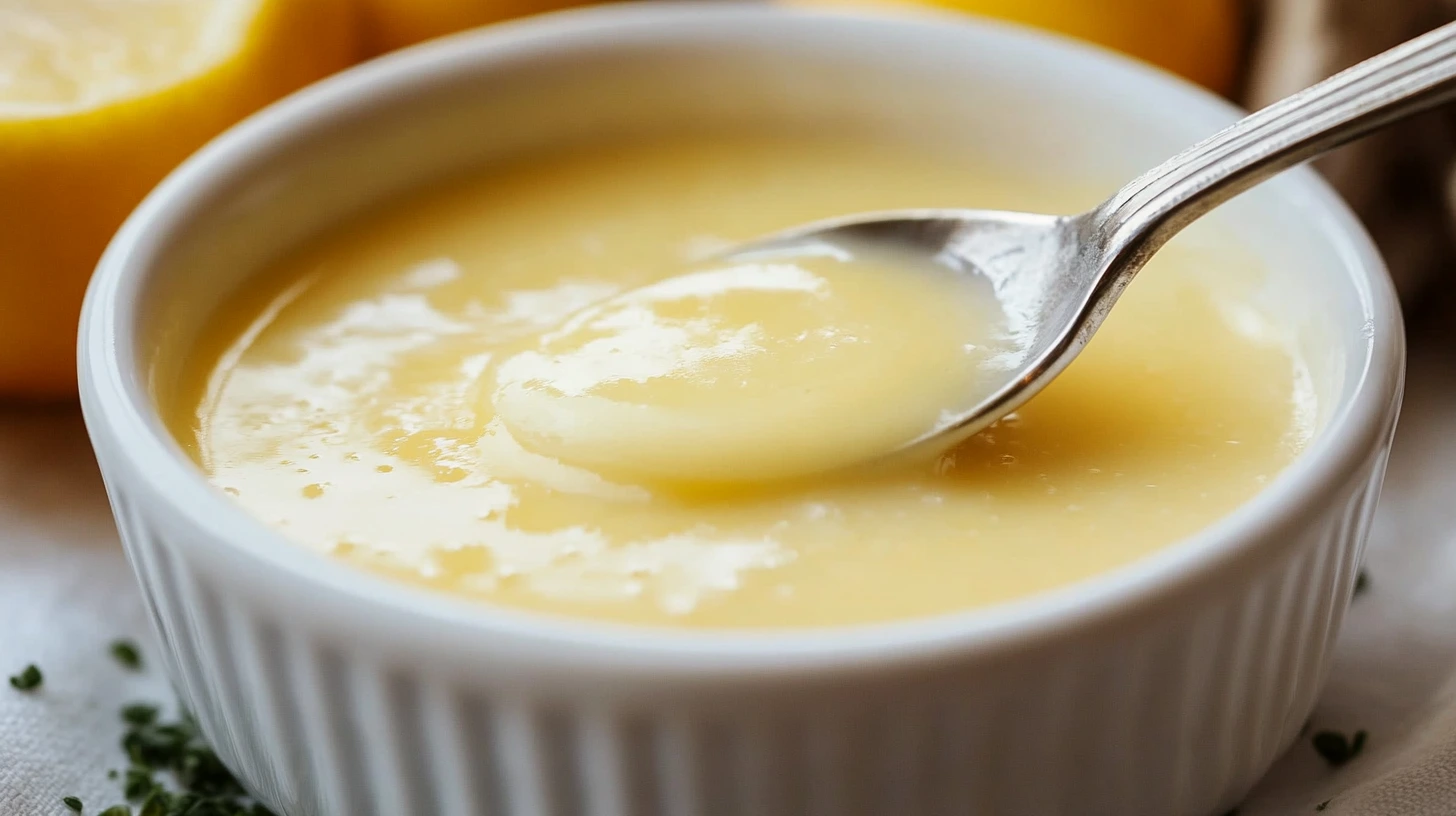 Sauce beurre blanc citronnée onctueuse dans un bol blanc, cuillère argentée, citrons jaunes en arrière-plan, ciboulette fraîche, SavoryGlobe.