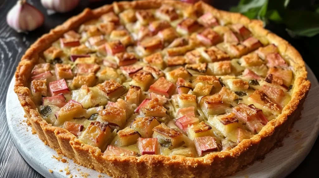 Tarte à la rhubarbe rustique avec une pâte maison dorée et des morceaux de rhubarbe juteux, prête à être dégustée.