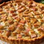 Tarte à la rhubarbe rustique avec une pâte maison dorée et des morceaux de rhubarbe juteux, prête à être dégustée.