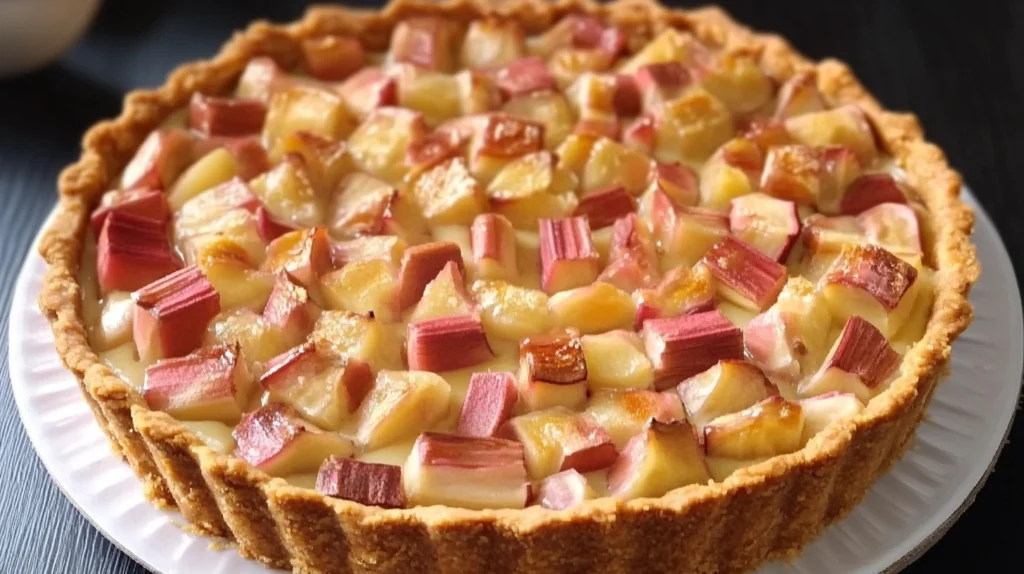 Tarte rhubarbe et fraises maison, avec une pâte feuilletée dorée, recette traditionnelle façon grand-mère.