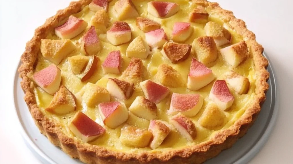 Tarte à la rhubarbe façon grand-mère, avec une pâte maison croustillante, garnie de rhubarbe fraîche et saupoudrée de sucre, prête à être dégustée.