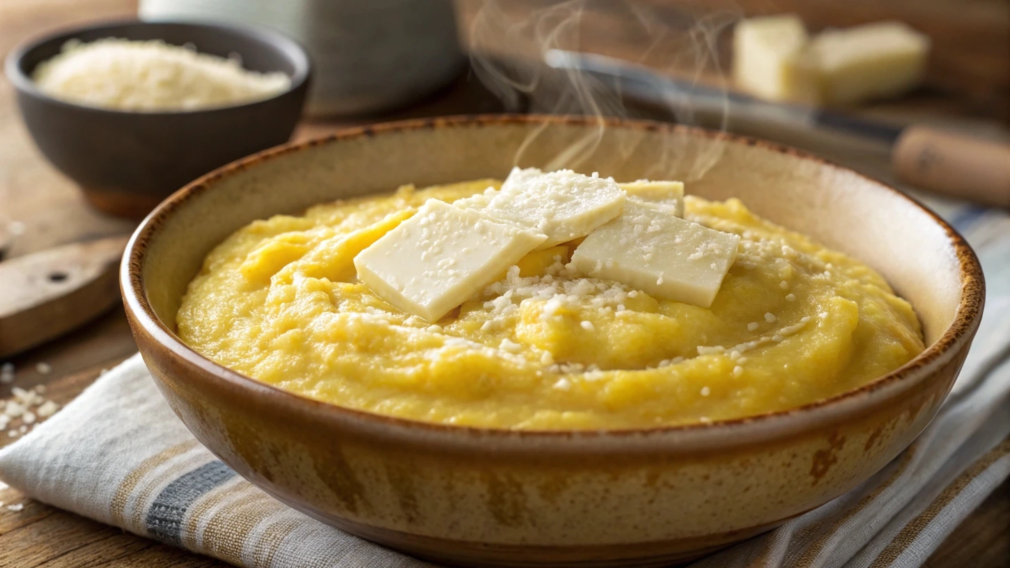 Recette Polenta crémeuse dorée, servie dans un bol rustique, garnie d’herbes fraîches pour une touche savoureuse.