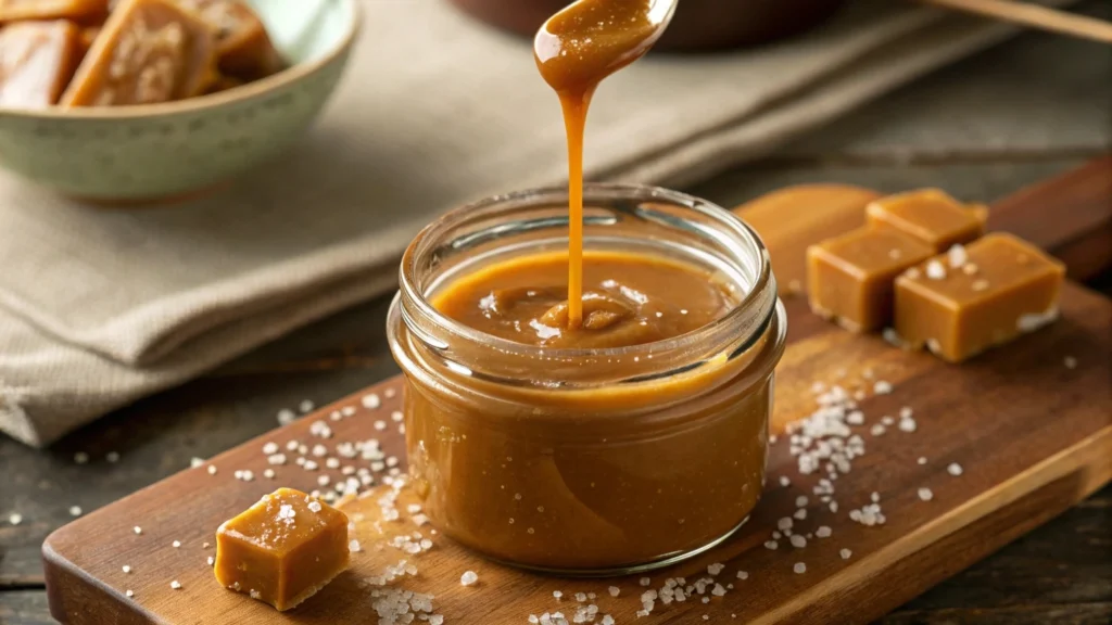 Caramel beurre salé liquide coulant d'une cuillère dans un pot en verre. Bonbons au caramel et cristaux de sel sur une planche en bois. Recette SavoryGlobe.