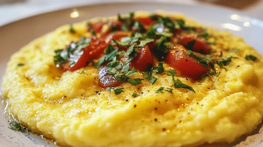 Polenta crémeuse garnie de tomates cerises et de persil frais. Recette facile et onctueuse de SavoryGlobe.