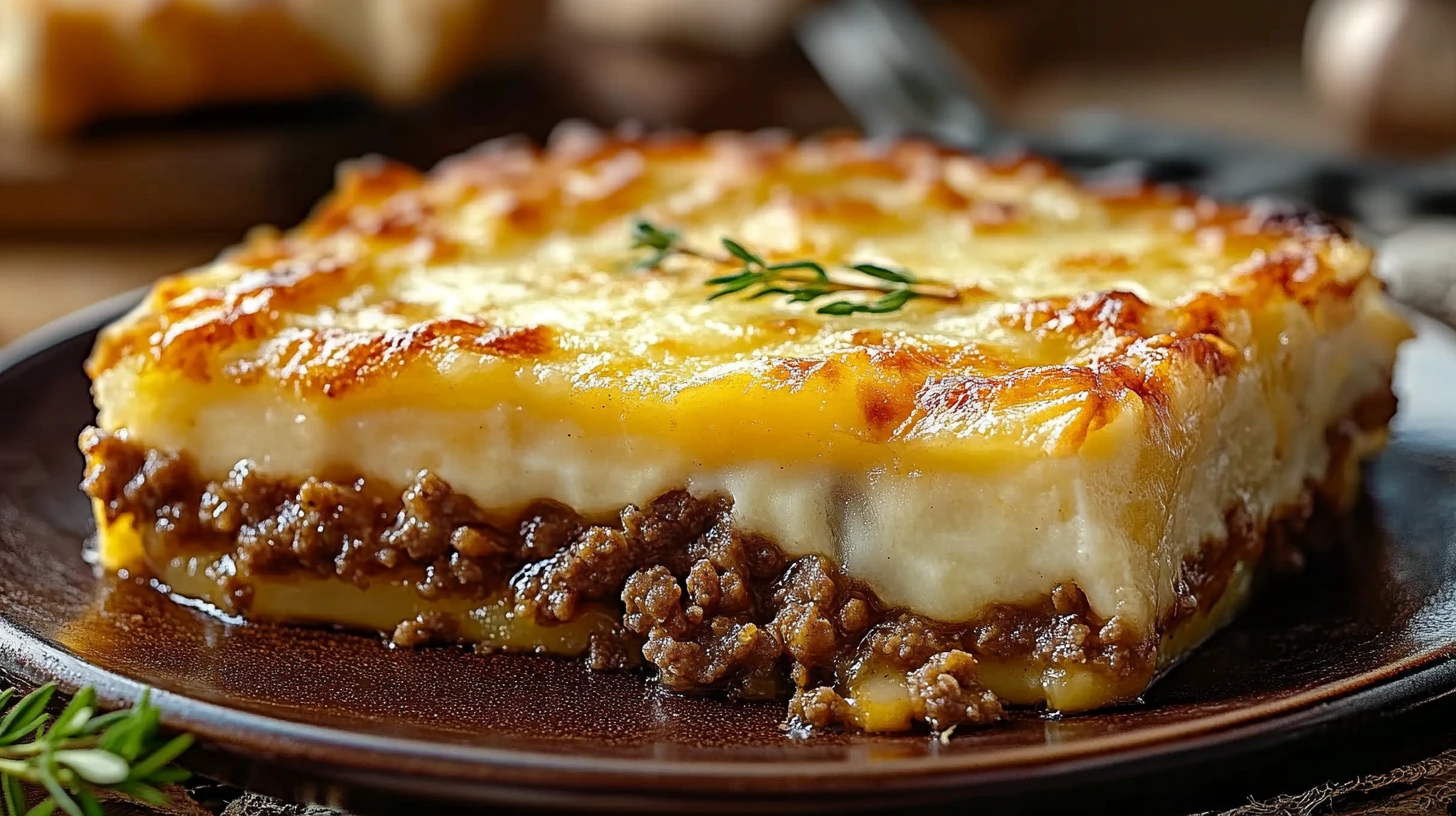 Hachis Parmentier Recette authentique avec une couche de purée de pommes de terre dorée recouvrant une riche base de bœuf haché, garni d'une branche de thym frais.
