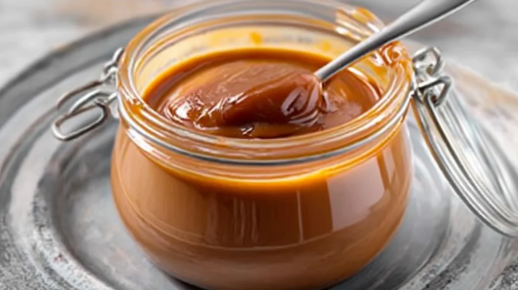 Recette Caramel au beurre salé onctueux et brillant, coulant d'une cuillère en bois, avec des cristaux de sel visibles, prêt à être utilisé en pâtisserie ou comme topping.