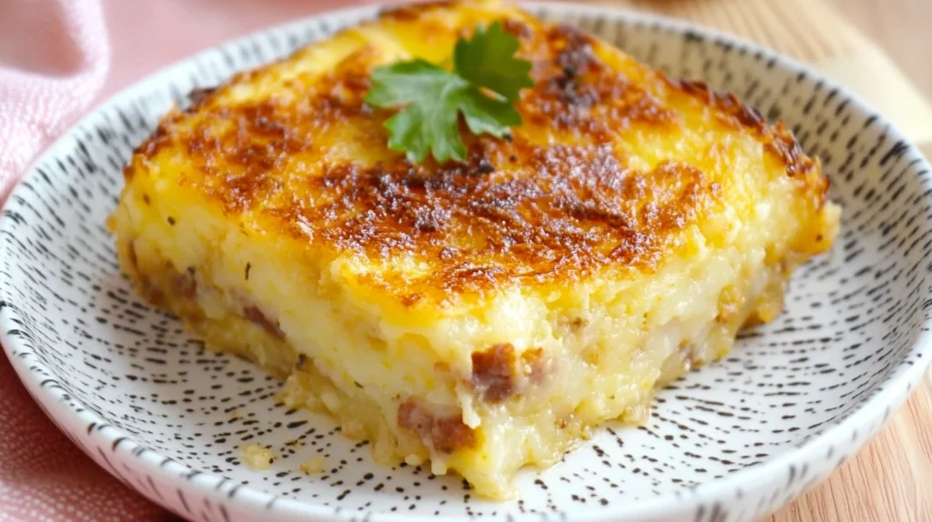 Hachis Parmentier maison traditionnel avec purée de pommes de terre crémeuse et viande de bœuf hachée savoureuse, recette authentique française.